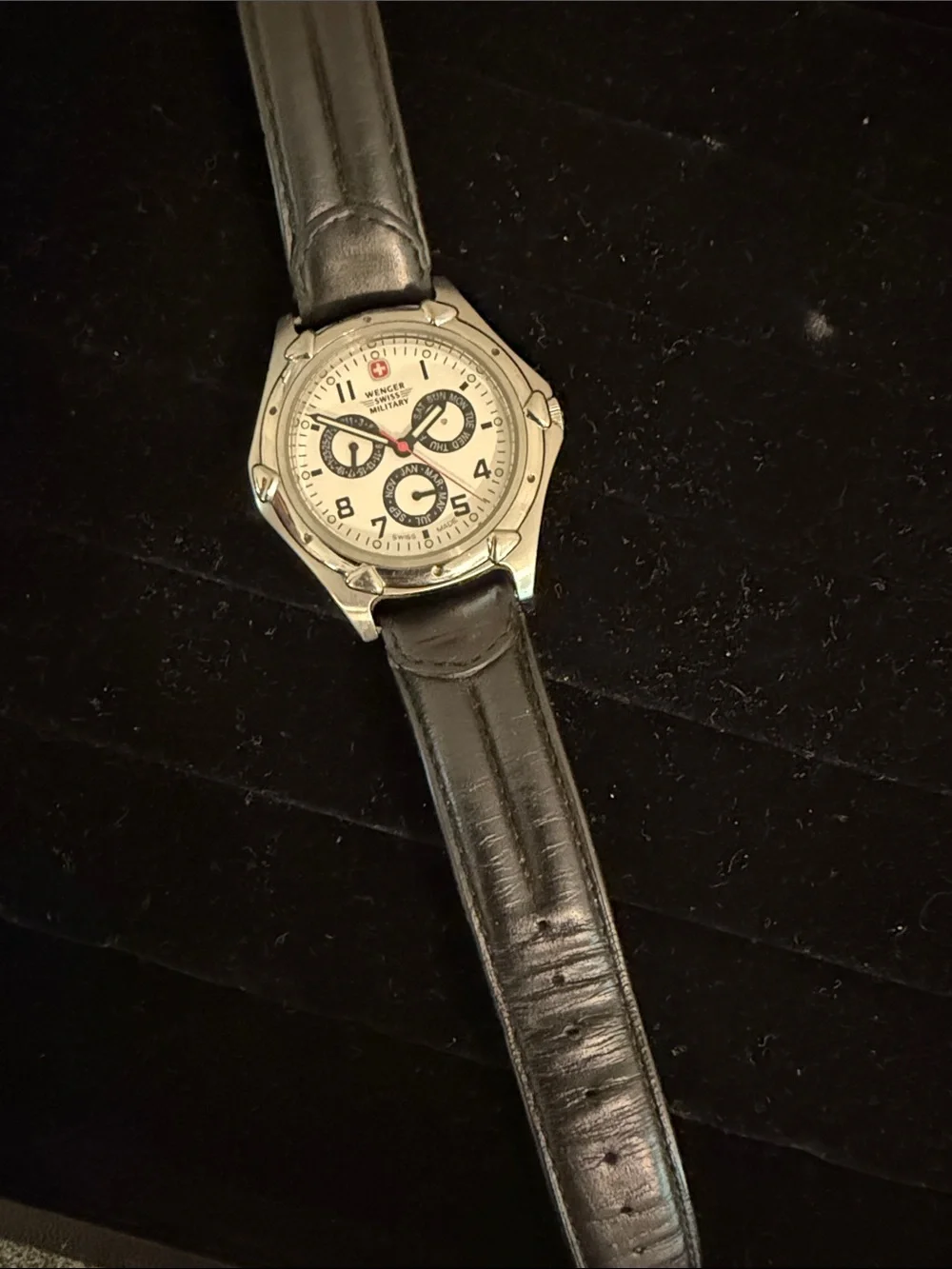 Wenger Black Leather Strap Silver-Tone Chronograph Watch